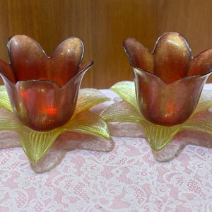May include: Two decorative candle holders shaped like flowers. The candle holders have a tulip-like design with a reddish-brown hue. The base is a yellow-green color, resembling petals. The candle holders are made of glass.