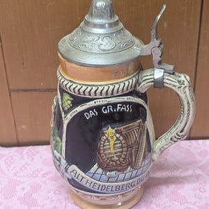 Vintage German Beer Stein with Pewter Hinged Lid - Features Prominent German Attractions