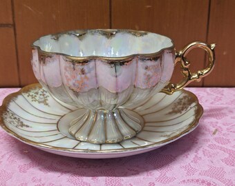 Vintage Royal Sealy White Iridescent Pedestal Scalloped Edge Teacup & Saucer - Marked JAPAN