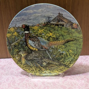 May include: A decorative plate featuring a detailed painting of two pheasants in a field with a barn in the background. The plate has a colorful design with a pheasant in the foreground and a cloudy sky.
