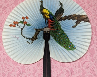 Vintage Folding Hand Fan - Peacock Pair on a Tree Branch