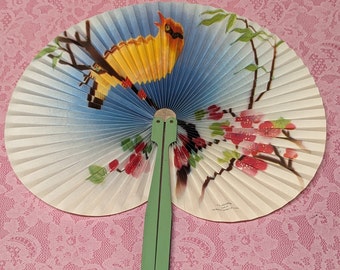 Vintage Folding Hand Fan - Beautiful Yellow Bird on a Cherry Blossom Tree Branch