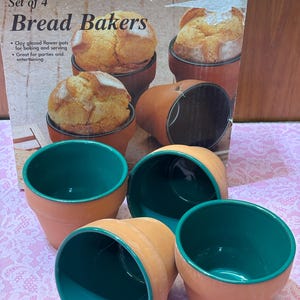 Vintage Hearthstone Bread Bakers Set, Terracotta Flower Pots, Green Glazed Interior