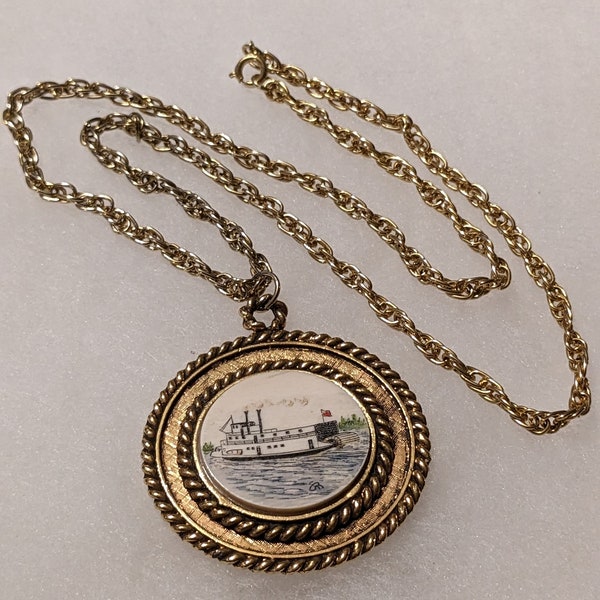 Vintage Faux Scrimshaw Pendant 18” Gold Tone Necklace - Tugboat with Color - Red Flag