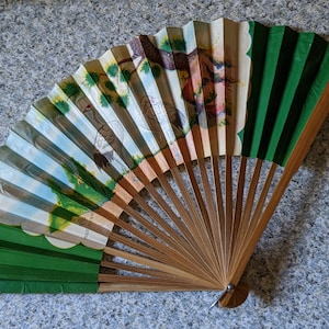 Vintage LTC Hand Fan with Paper Leaf and Bamboo Sticks or Ribs - Image of 2 Large White Birds in the Sand
