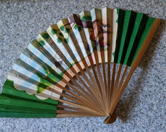 Vintage LTC Hand Fan with Paper Leaf and Bamboo Sticks or Ribs - Image of 2 Large White Birds in the Sand