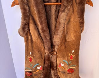 Vintage Afghan Style Vest with Floral Applique: Hippie Vest from the 1970s Era