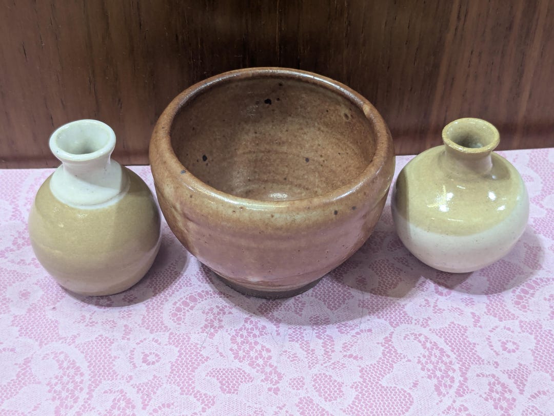 Vintage Studio Pottery Mini Bud Vase & Bowl Set - Earth Tone Stoneware ...