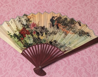 Vintage Hand Fan with Paper Leaf and Bamboo Sticks or Ribs - Image is a Peacock and Floral Pattern