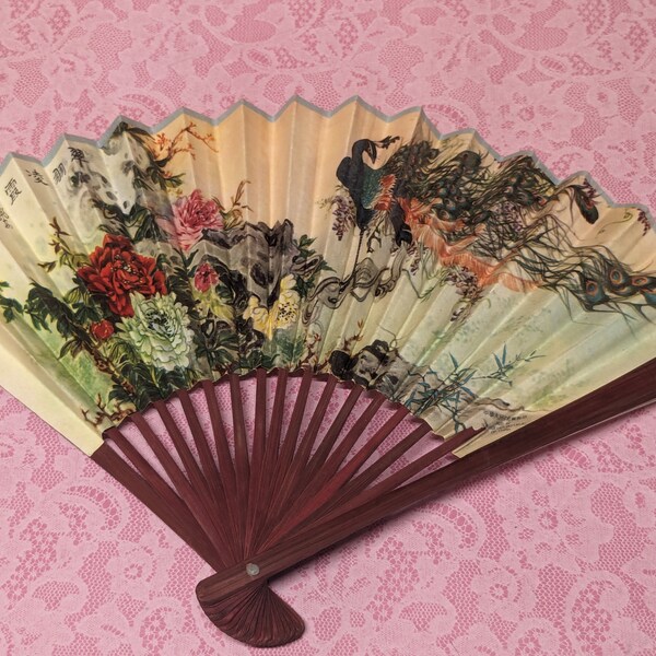 Vintage Hand Fan with Paper Leaf and Bamboo Sticks or Ribs - Image is a Peacock and Floral Pattern