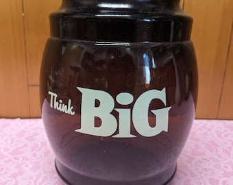 Vintage Siesta Ware Cookie Jar Brown Glass Beer Barrel with Wooden Lid 'Think BIG'