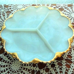 Vintage Anchor Hocking Fire King 3 Section Divided Relish Tray with Gold Trim
