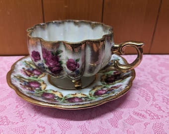 Vintage MARCO China Footed and Scalloped Teacup and Saucer - Rose Motif with Gold Trim