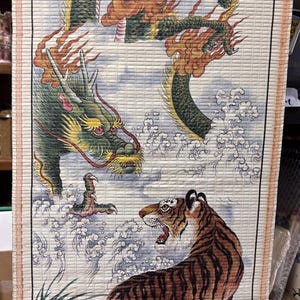 Vintage Asian-Style Bamboo Hanging Scroll with tiger and Dragon