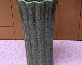 Vintage Fluted Pottery Vase Green Speckled Glaze - Very Pretty