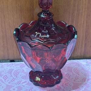 Vintage Fostoria (?) Ruby Red Glass Candy Dish with Lid - Mid Century Modern Footed Covered Compote, Scalloped Fluted Apothecary Trinket Jar