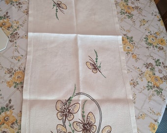 Vintage Table Runner - Cotton - Hand Stitched Embroidery - Butterflies