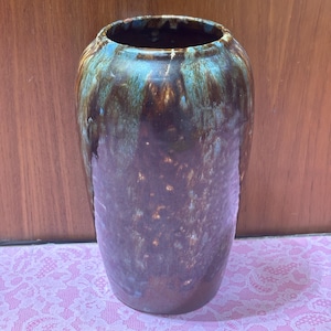Antique Ruskin Style Pottery Vase - Mottled Blue and Brown Iridescent Lustre Glaze - 8 Inch Unmarked Studio Art Ceramic