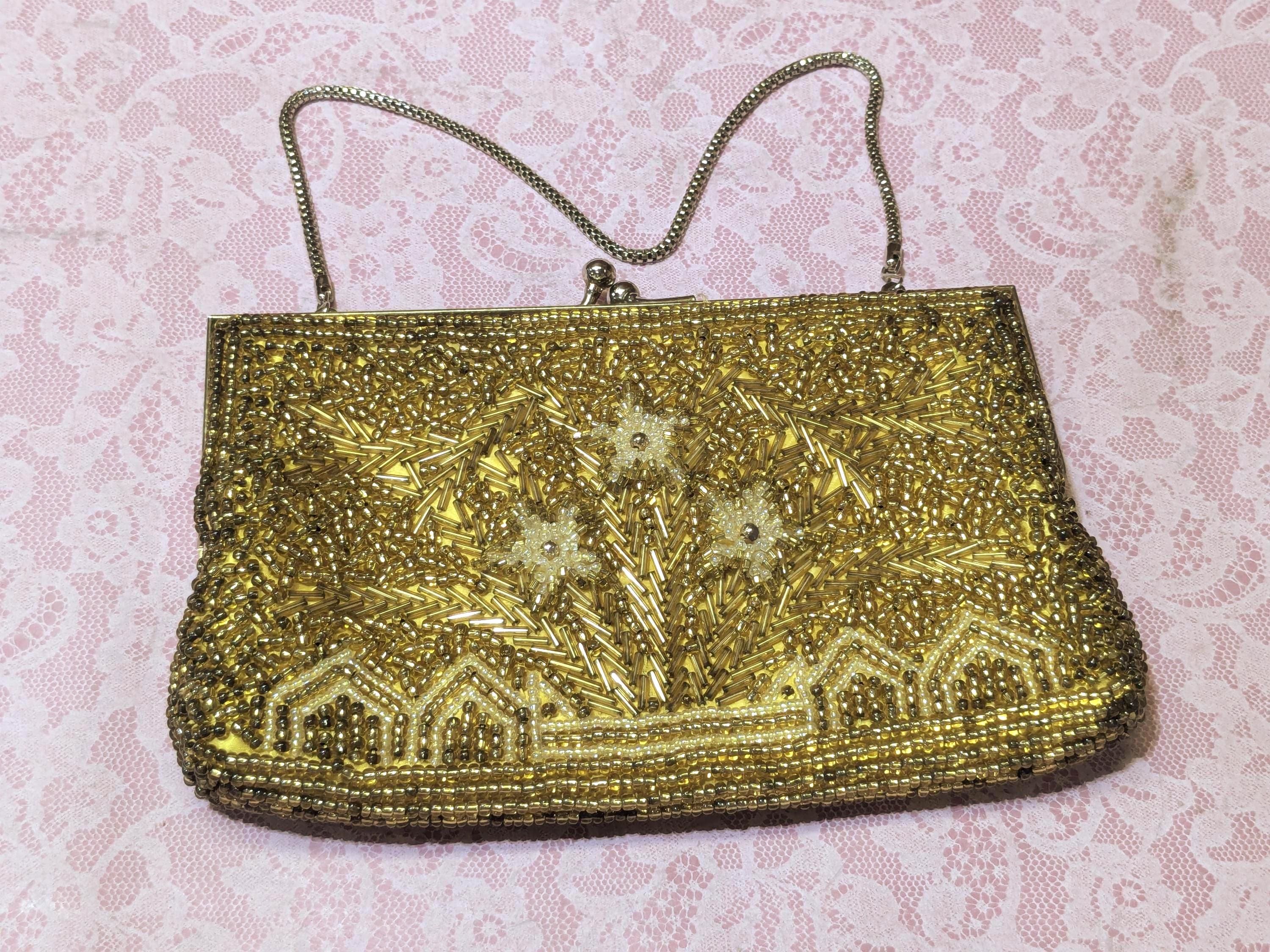 Vintage Beaded Gold Clutch: Floral & House Design Kiss Clasp Handbag