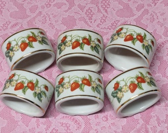 Vintage AVON Porcelain China Napkin Rings - Set of 6 - Strawberry Motif - 1978