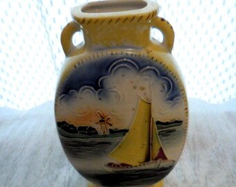 Italian Style Vase with Embossed Picture - Sailboat - Windmill - Barn - Blue Sky