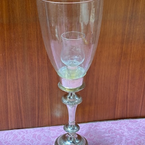 Glass Hurricane Candle Holder: Silver Toned Metal Base, Votive Cup