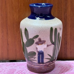 Vintage Mexican Tonala Bud Vase | Hand Painted Siesta Man Cactus Scene