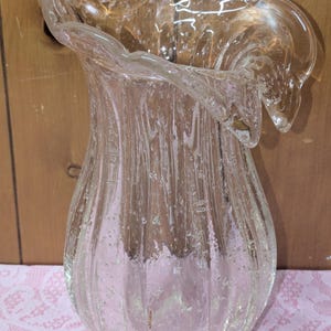 May include: A clear glass vase with a textured, bubbled surface and a wide, flared opening. The vase has a unique, organic shape.