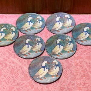 Vintage Set of J.S.N.Y. Tin Cork Backed Coasters: Winter Scene of Snow Geese