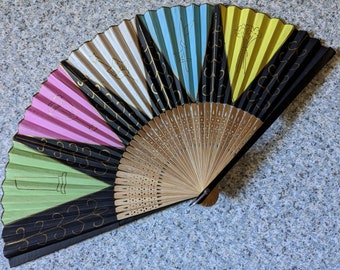Vintage Hand Fan with Paper Leaf and Bamboo Sticks or Ribs - Image of Black Triangles w Gold Trim
