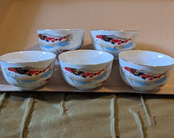 Vintage Nakagama Japanese Tea Cups with Fish - Koi Painting