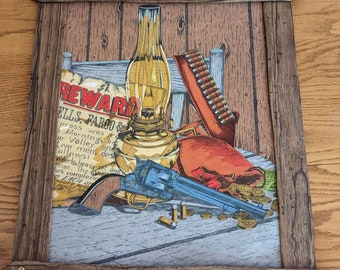 FUN Wild West Cloth Wall Hanging - Image of Pistol, Oil Lamp, Reward Poster