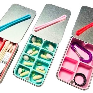 Custom Pill, Medication, Fishing Kit Organizer – Sliding Tin w/ Magnetic Closure | Optional Personalized Name/Message. Compact Pocket Gift.