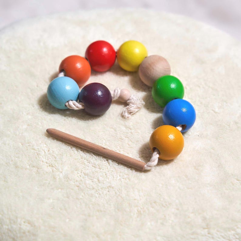 Image showcasing Wooden Lacing Toy, Rainbow Balls, Threading Beads Montessori Game for ...