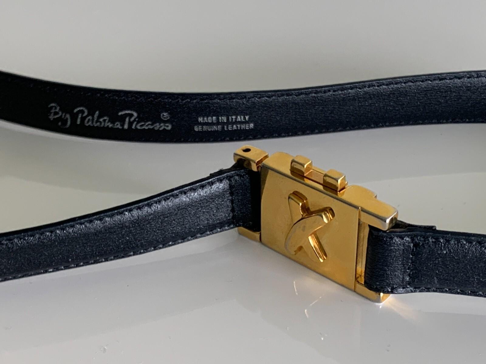 Vintage PALOMA PICASSO Black Leather Belt X Gold Buckle 32”x 
