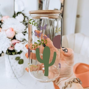 Trendy Boho Western Cactus Sipper Glass | 16oz Aesthetic Iced Coffee Glass Cup with Bamboo Lid and Straw | Glass Tumbler