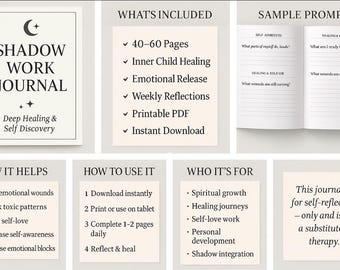 Shadow Work Journal PDF | 60 Page Healing & Self Discovery Workbook | Inner Child Healing | Spiritual Growth Digital Journal