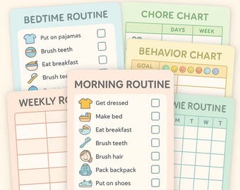 Tabla de rutinas infantiles imprimible / Rutina matutina y para dormir / Tabla de tareas / Tabla de recompensas por comportamiento / Horario infantil en color pastel (PDF)