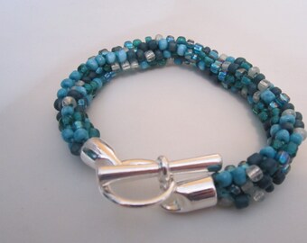 Turquiose and Shades of Blue Beaded Kumihimo Bracelet with Toggle Clasp -FREE SHIPPING