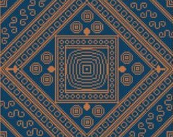 May include: A blue and brown geometric pattern with a square design in the center. The pattern is made up of repeating lines and shapes.