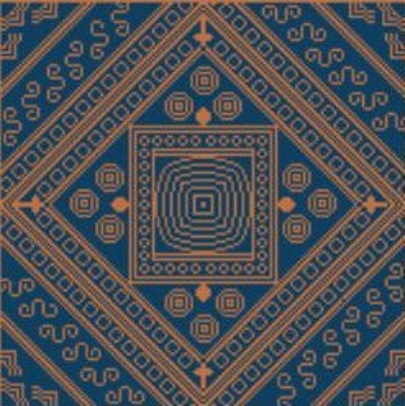 Blue and Gold Moroccan Asian Needlepoint or Cross Stitch Pattern Design Chart image 1