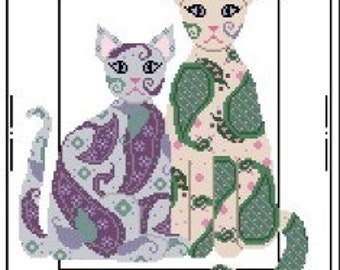 Paisley Cats - Needlepoint or Cross Stitch Pattern Design Chart