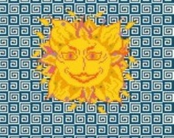 Sun With Face on Mosaic Tile - Needlepoint or Cross Stitch Pattern Design Chart