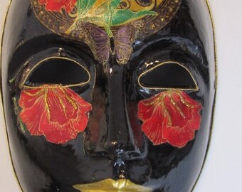 Paper Mache Mask, Venetian Style, Mardi Gras Style, Black with Gold Lips, Red Flowers - FREE SHIPPING