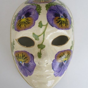 Pansy Paper Mache Venetian Mask Ivory with Purple Pansies image 1