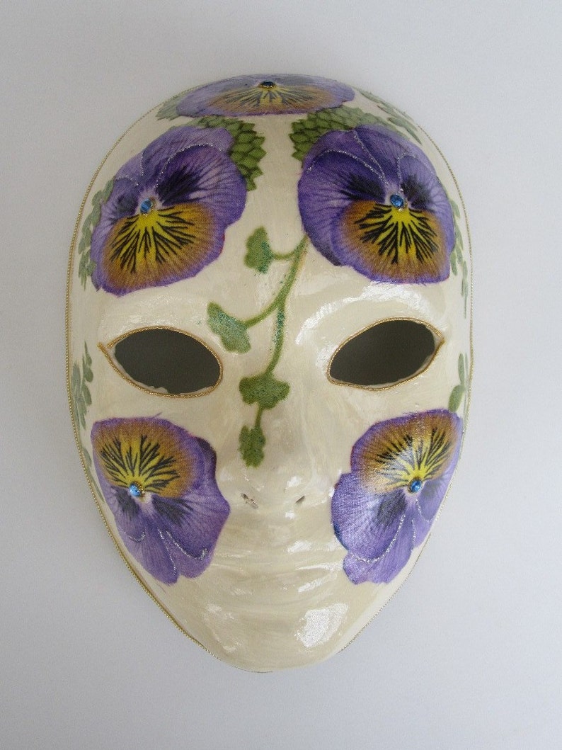 Pansy Paper Mache Venetian Mask Ivory with Purple Pansies image 1