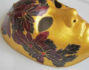 Christmas Decor/Decoration Paper Mache Mask Venetian Style Gold/Poinsettias
