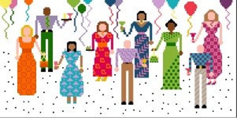 The Party Colorful People with Confetti and Balloons Needlepoint or Cross Stitch Pattern Design Chart image 1