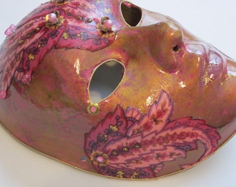 Paper Mache Mask Gold with Pink Paisley Venetian Style