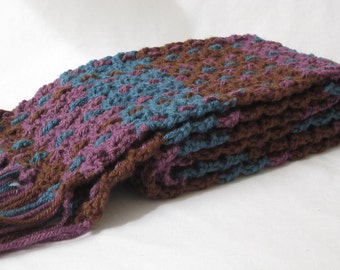 Crochet Scarf - Plaid - Brown Turquoise and Purple with Fringe